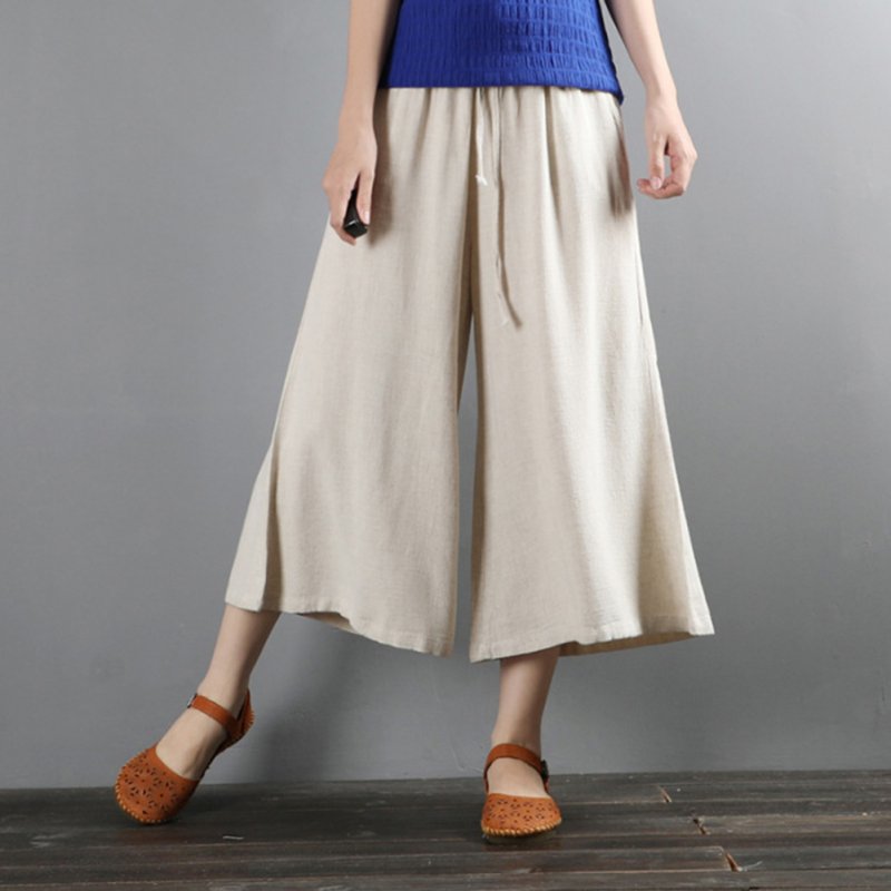 Wholesale Women Wide-leg Cropped Pants Summer High Waist Retro Solid Color Loose  Casual Cotton Linen Pants linen color XL From China