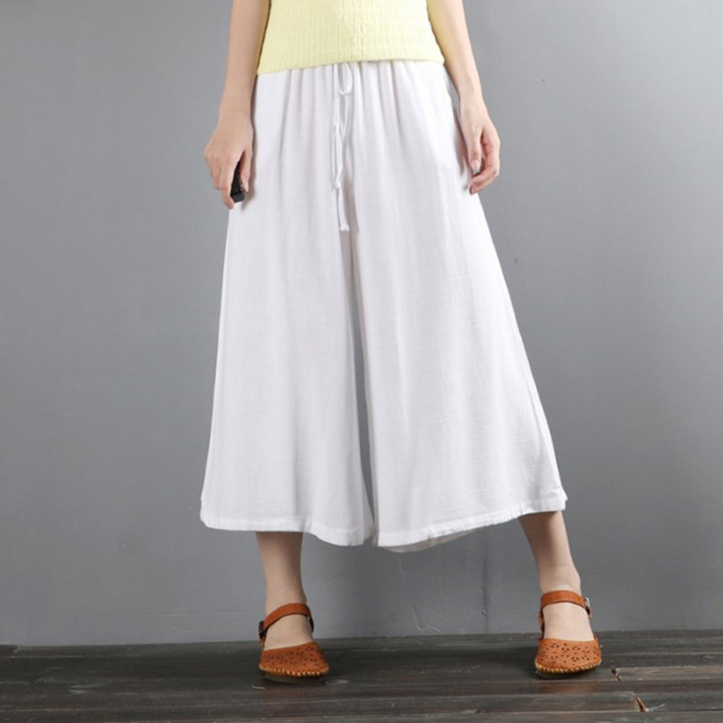 Wholesale Women Wide-leg Cropped Pants Summer High Waist Retro Solid Color Loose  Casual Cotton Linen Pants White L From China