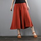 Women Wide-leg Cropped Pants Summer High Waist Retro Solid Color Loose Casual Cotton Linen Pants Brick red L