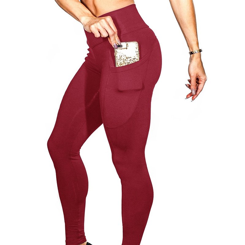 Women Yoga Pants Gym Leggings with Phone Pockets Slim Fit Sports Ninth Pants red_XL