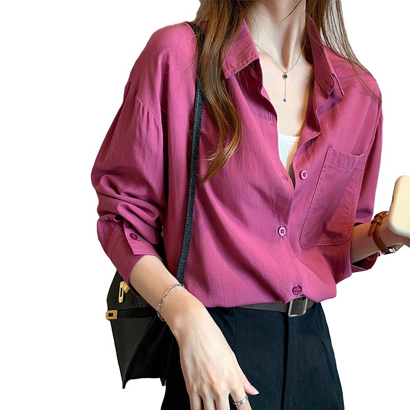 Women's Blouse Spring and Autumn Solid Color Loose Long Sleeve Shirt red_M