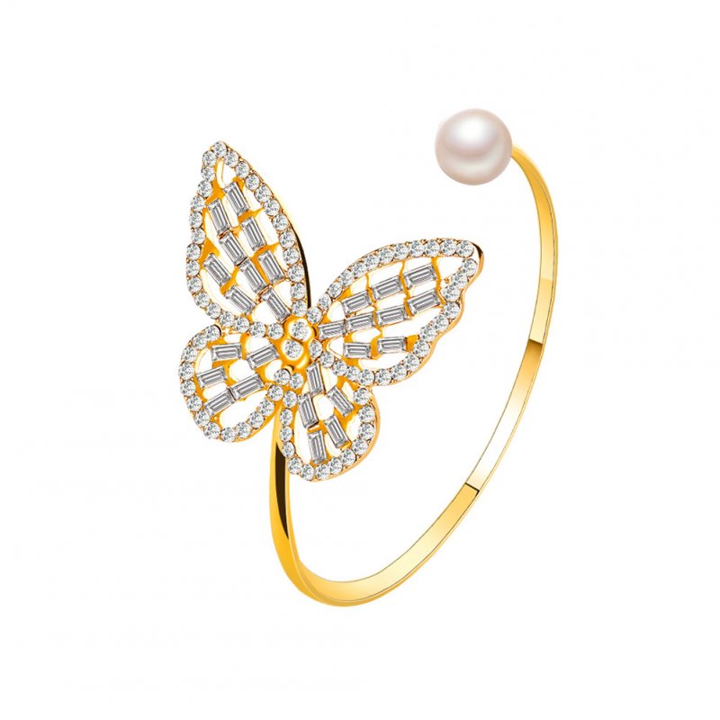 Women's Bracelet All-match Hollow Zircon  Pearl Butterfly-shape Open Bracelet Golden