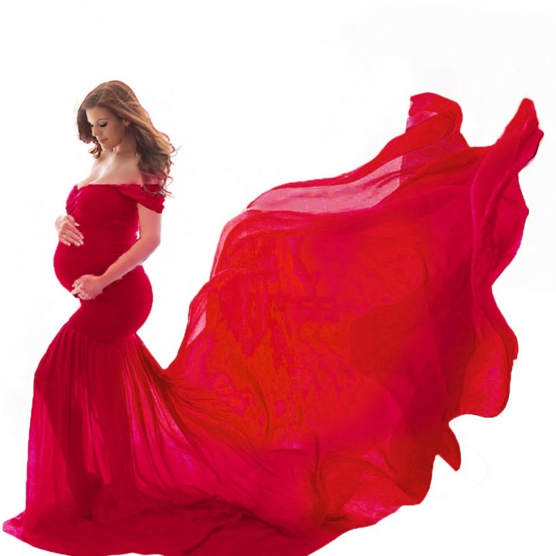 Women's Dress Off-the-shoulder Long Photography Chiffon Dress China red_free size