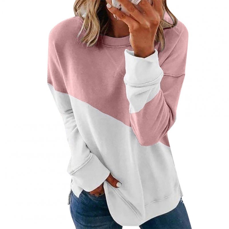 Women's Hoodie Autumn Casual Crew-neck Contrast Stitching Loose Hooded Sweater Pink_M