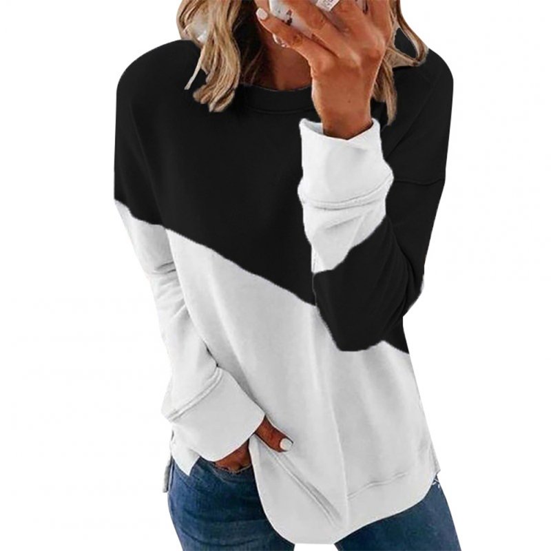 Women's Hoodie Autumn Casual Crew-neck Contrast Stitching Loose Hooded Sweater black_M