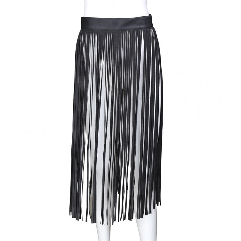 Women's Imitation Leather Fringe Tassel Skirt with Adjustable Waistband Belt Punk Adult Sex Game  black - L
