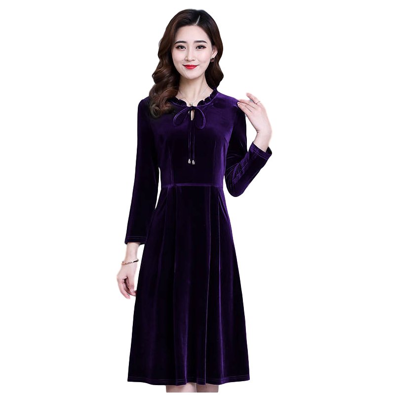 Women's Leisure Dress Autumn and Winter Solid Color Mid-length Long-sleeve Dress purple_2XL