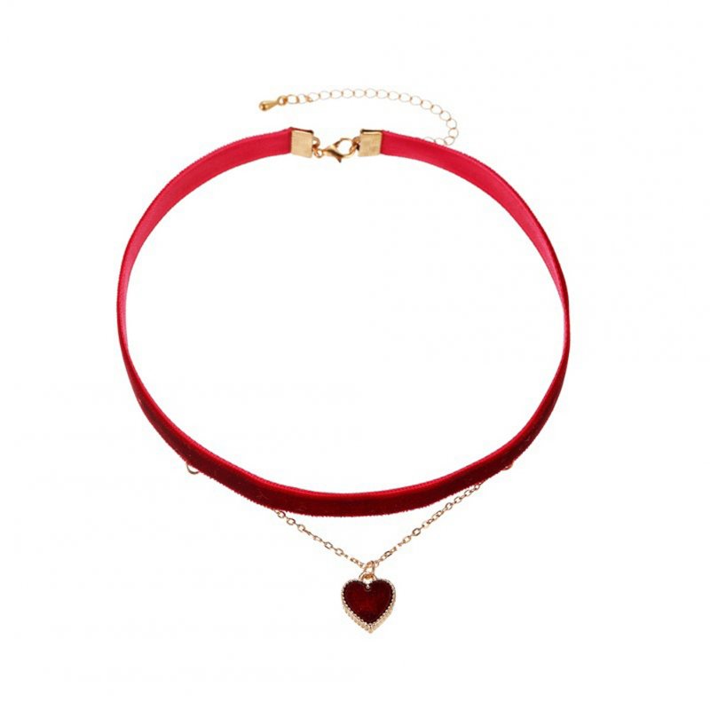 Women's Necklace Flannel Sexy Double-layer Love-heart Pendant Clavicle Chain Wine red