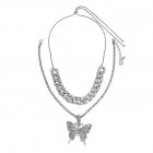 Women s Necklace Hip Hop Style Diamond mounted Double deck Chain Butterfly shape Necklace Silver