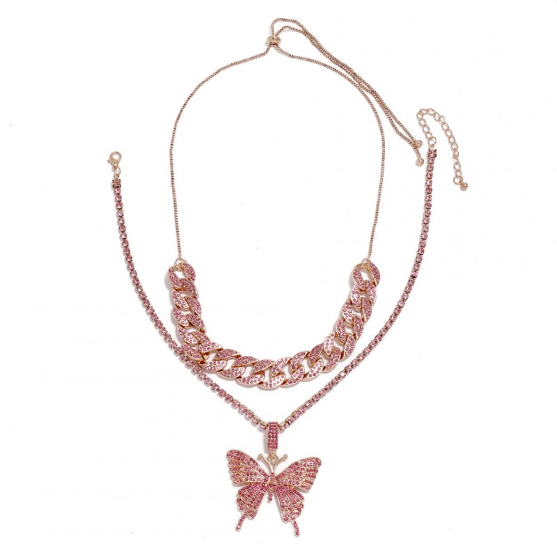 Women's Necklace Hip Hop Style Diamond-mounted Double-deck Chain Butterfly-shape Necklace Pink