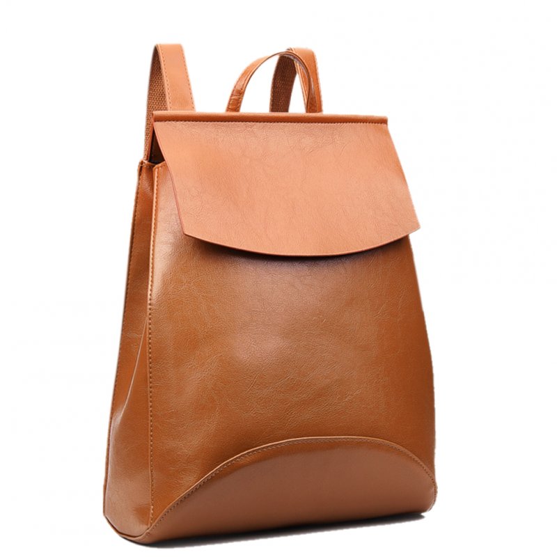 Women's Oil Wax PU Leather Backpack Satchel Concise Solid Color Covered Shoulder Bag Schoolbag for Students