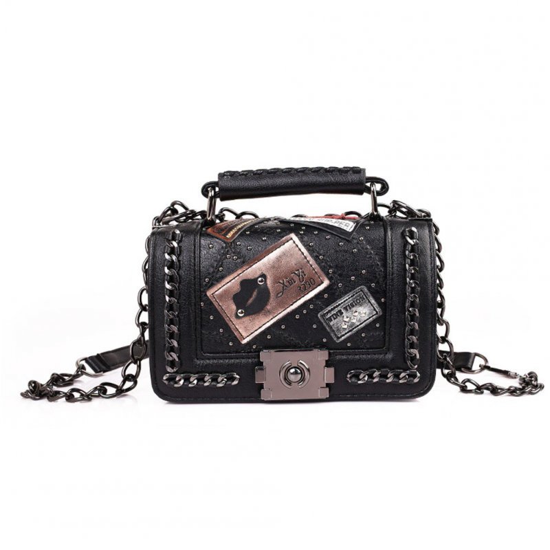 Women's One Shoulder Pack Lock Chain Rivet Small Square Messenger Bag black
