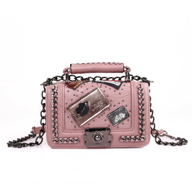 Women's One Shoulder Pack Lock Chain Rivet Small Square Messenger Bag Pink
