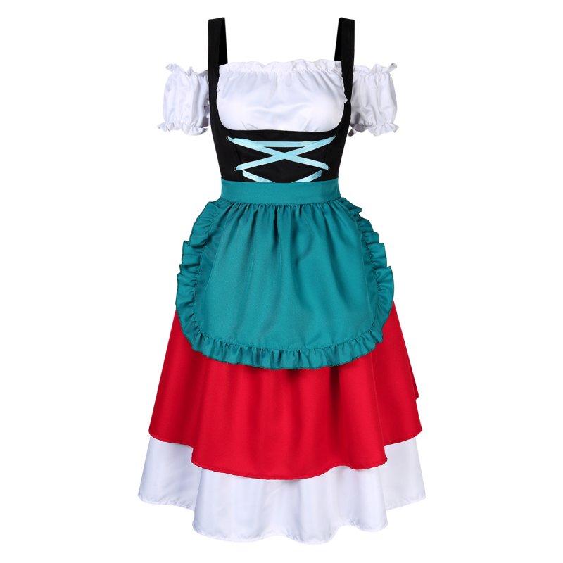 [EU Direct] Women's Retro Color Block Stylish Cold Shoulder Ruched Midi Dress Suit