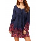 Women s Round Neck Long Sleeve Tie Floral Printing Loose Casual Dress Navy Blue