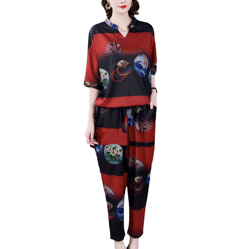 Women's Suit Autumn Casual Printing Elbow Sleeve Loose Top + Pants red_L