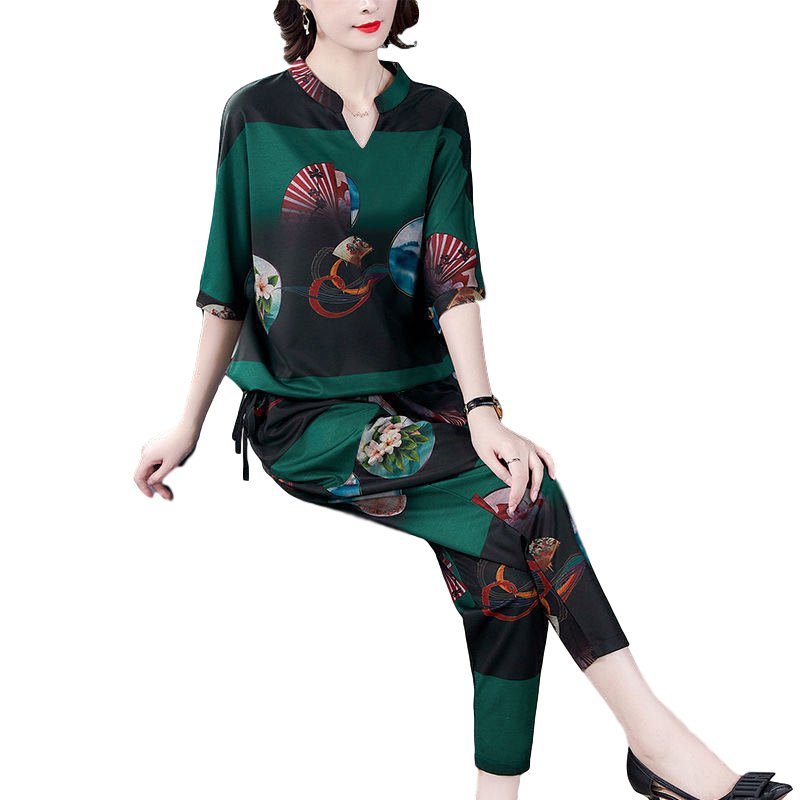 Women's Suit Autumn Casual Printing Elbow Sleeve Loose Top + Pants green_M