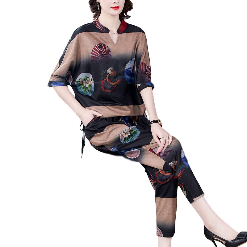 Women's Suit Autumn Casual Printing Elbow Sleeve Loose Top + Pants Khaki_2XL