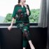 Women s Suit Autumn Casual Printing Elbow Sleeve Loose Top   Pants green XL