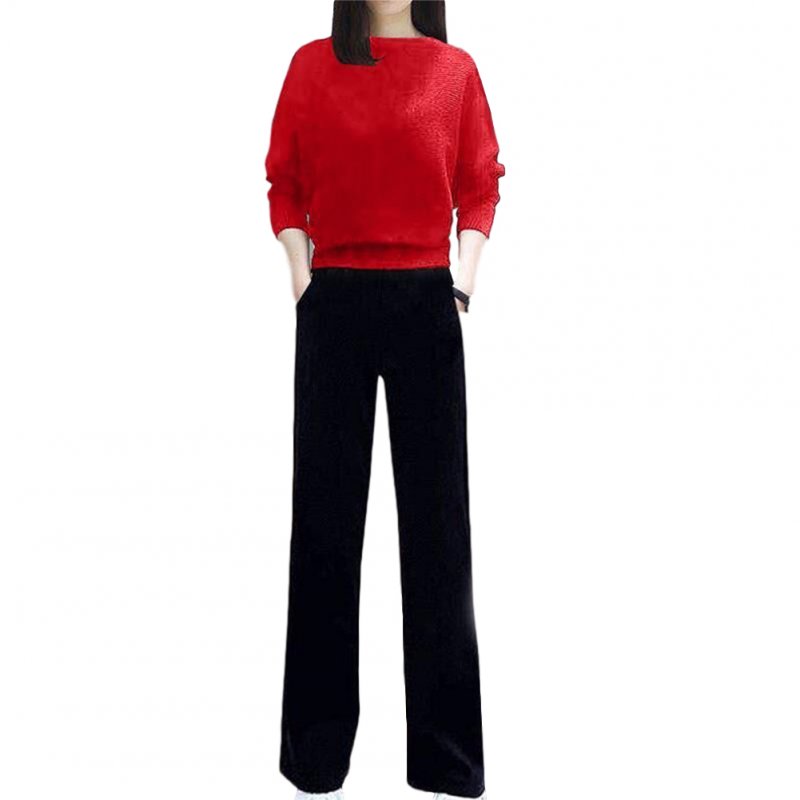 Women's Suit Autumn Solid Color Knitted Casual Loose Large Top + Pants red_XXL