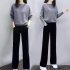 Women s Suit Autumn Solid Color Knitted Casual Loose Large Top   Pants gray L
