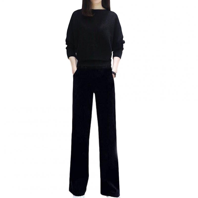 Women's Suit Autumn Solid Color Knitted Casual Loose Large Top + Pants black_M