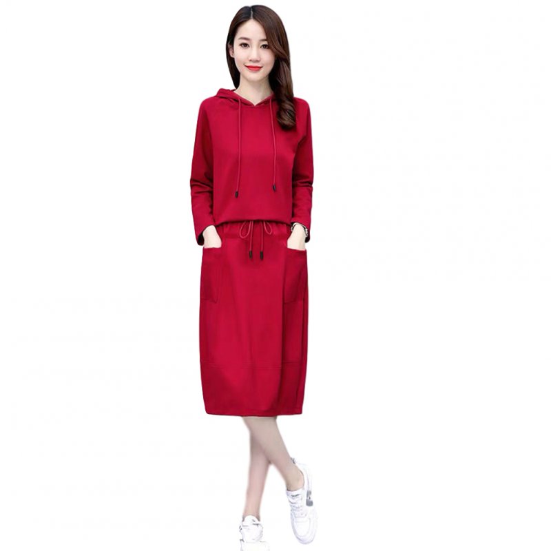 Women's Suit Autumn Winter Plus Size Casual Long-sleeve Top + Dress red_XL