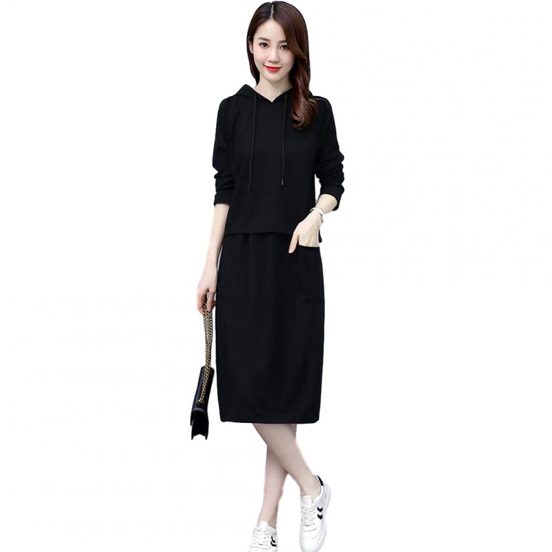 Women's Suit Autumn Winter Plus Size Casual Long-sleeve Top + Dress black_L