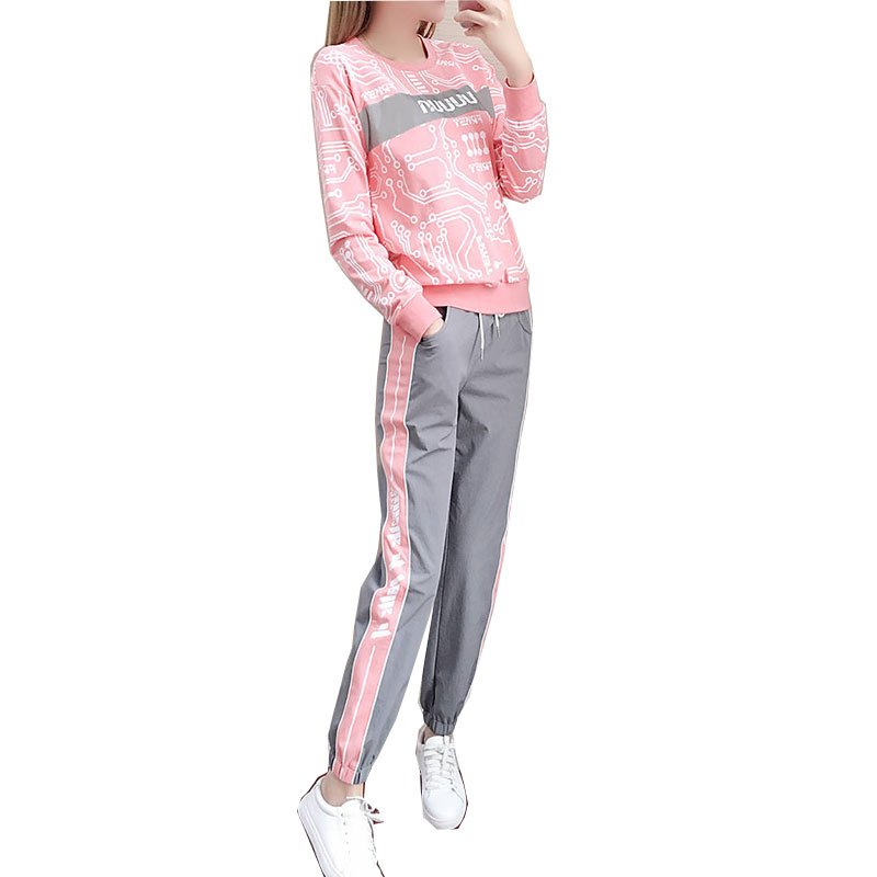 Women's Suit Autumn and Winter Casual Loose Sports Long-sleeved Top+ Trousers Pink_L