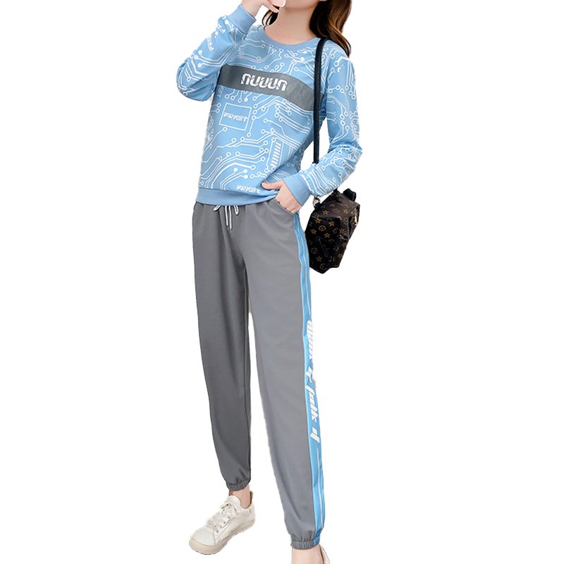 Women's Suit Autumn and Winter Casual Loose Sports Long-sleeved Top+ Trousers Light blue_M
