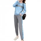 Women s Suit Autumn and Winter Casual Loose Sports Long sleeved Top  Trousers Light blue S