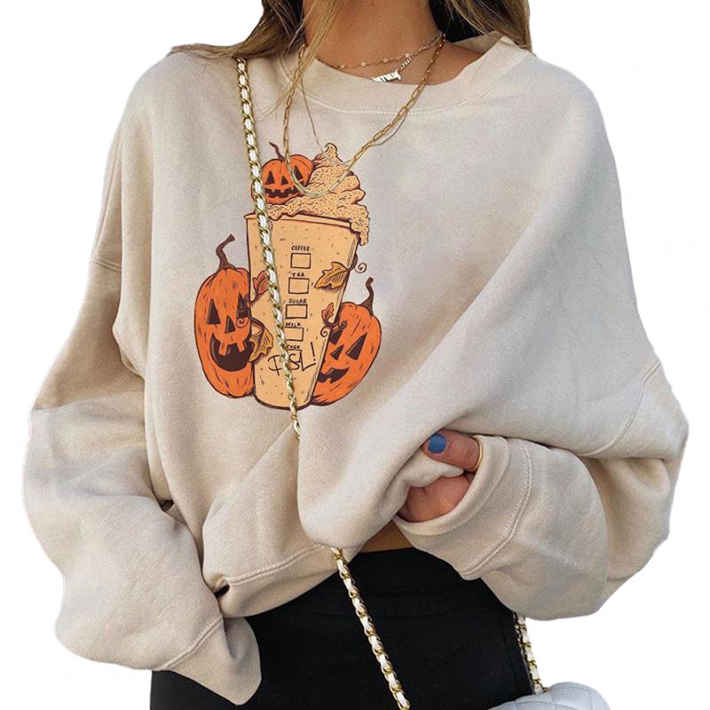 Women's Sweatshirt  Autumn and Winter Printing Loose Crew-neck Long-sleeve Sweatshirt Khaki_XXXL