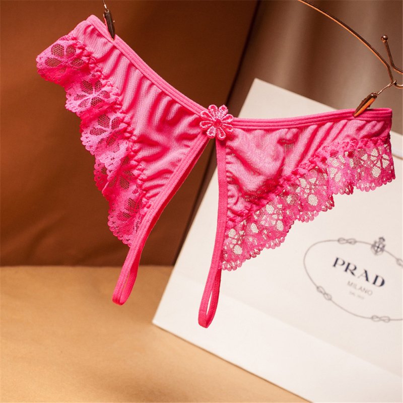 Women's Thong Lace Open File Flower  Low-waist  Sexy Solid Color T-back rose Red_free size