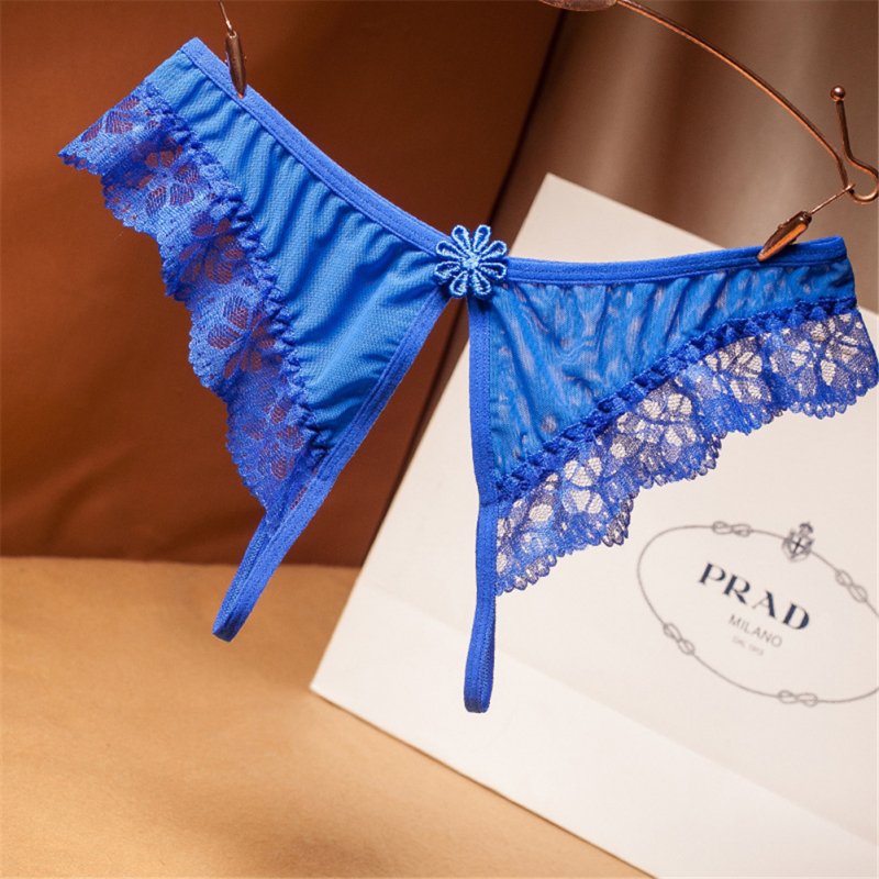 Women's Thong Lace Open File Flower  Low-waist  Sexy Solid Color T-back blue_free size