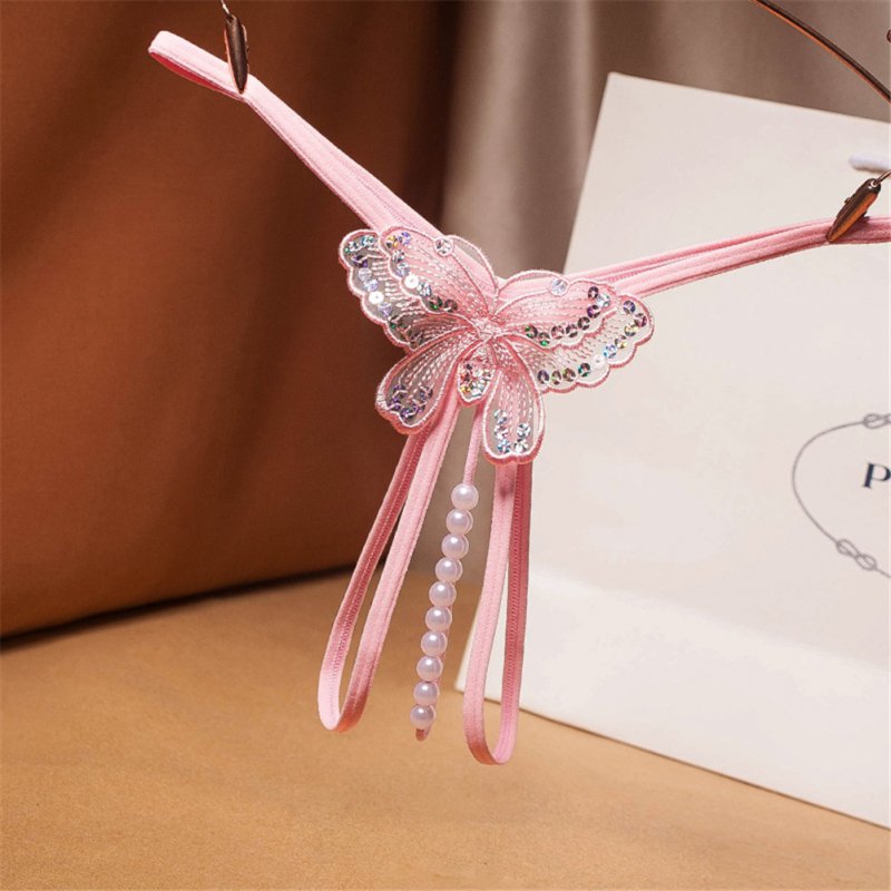 Women's  Thong  Sexy Sequin Embroidery Transparent Net Yarn Low-waist Underpants With  Pearl Massager Pink_free size