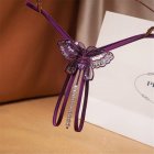 Women s  Thong  Sexy Sequin Embroidery Transparent Net Yarn Low waist Underpants With  Pearl Massager purple free size