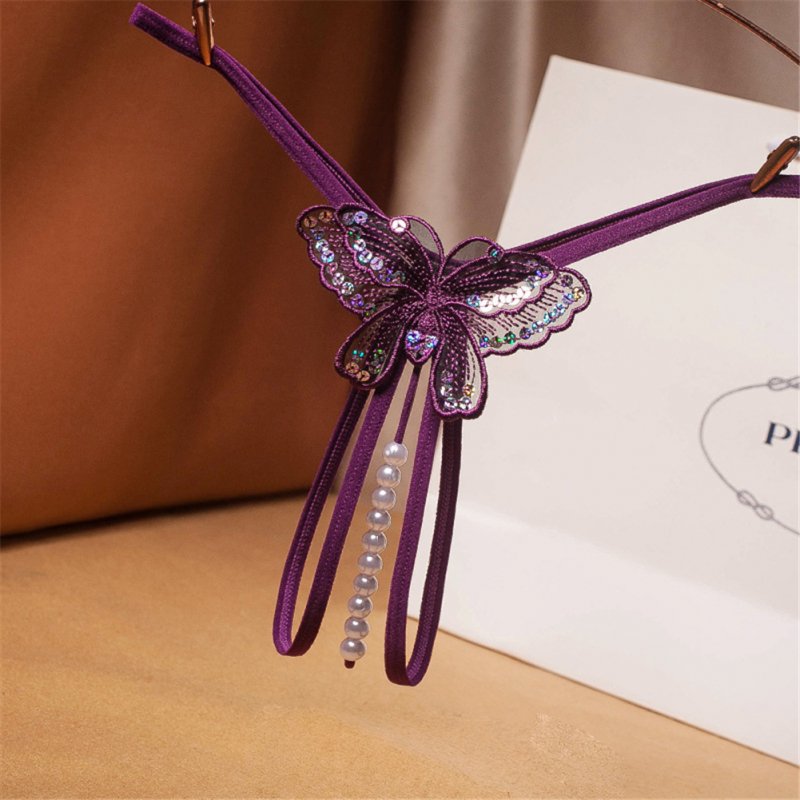 Women's  Thong  Sexy Sequin Embroidery Transparent Net Yarn Low-waist Underpants With  Pearl Massager purple_free size
