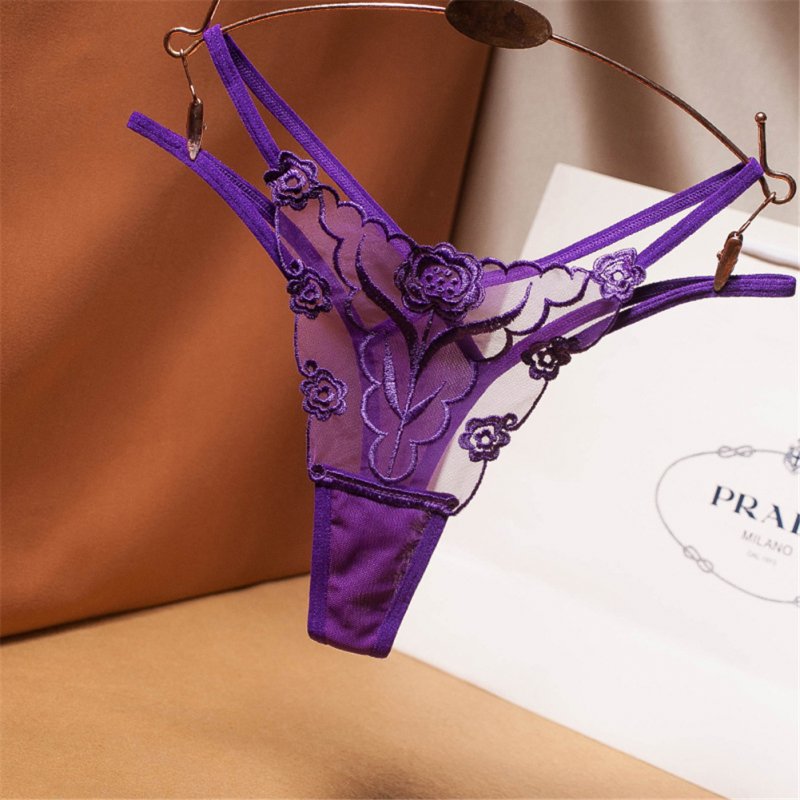 Women's  Thong  Sexy Embroidered  Net Yarn Transparent  Low-waist  Panties purple_free size
