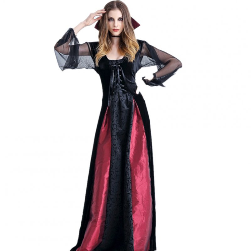 Womens Cosplay Dresses Halloween Cosplay Vampire Witch Vintage Gothic Long Dress Fashion Festival Dress Lange Jurken Black red_L