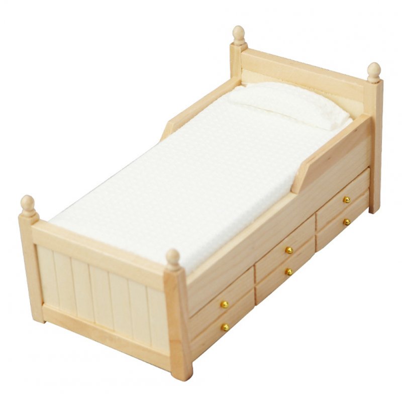 Wooden 1:12 Dollhouse  Mini  Single  Bed Scene Decoration Furniture Modern Wood Color Drawer Bed Wood color