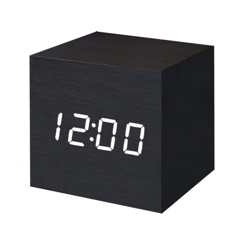Wooden Digital Alarm Clock LED Light Multifunctional Modern Cube Displays Date Temperature for Home Office Black wood white word