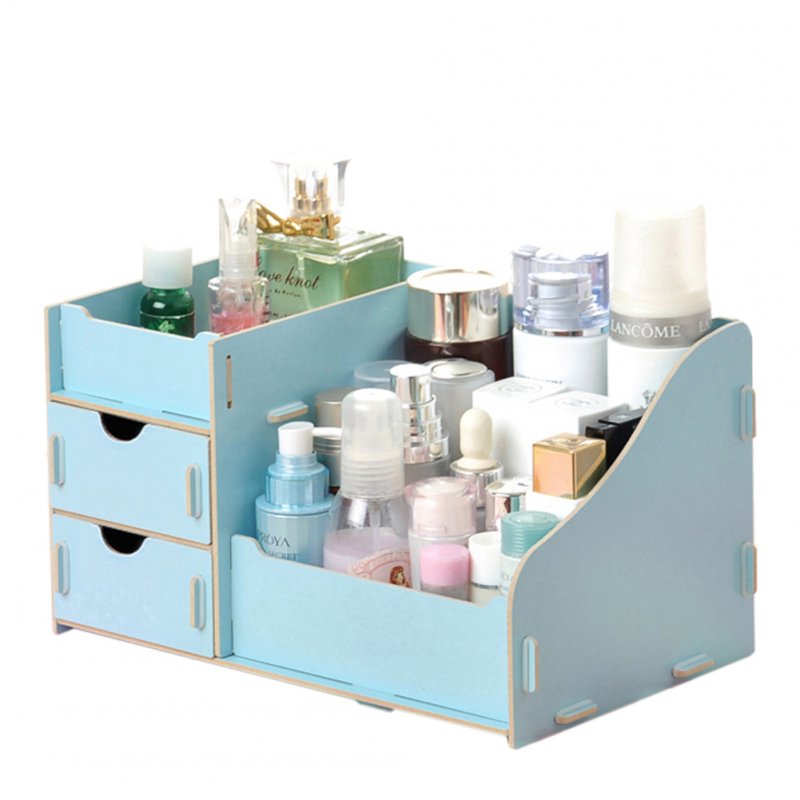 Wooden Makeup Cosmetic Organizer Desktop Storage Box Rack 27.5*17 *13.5cm blue