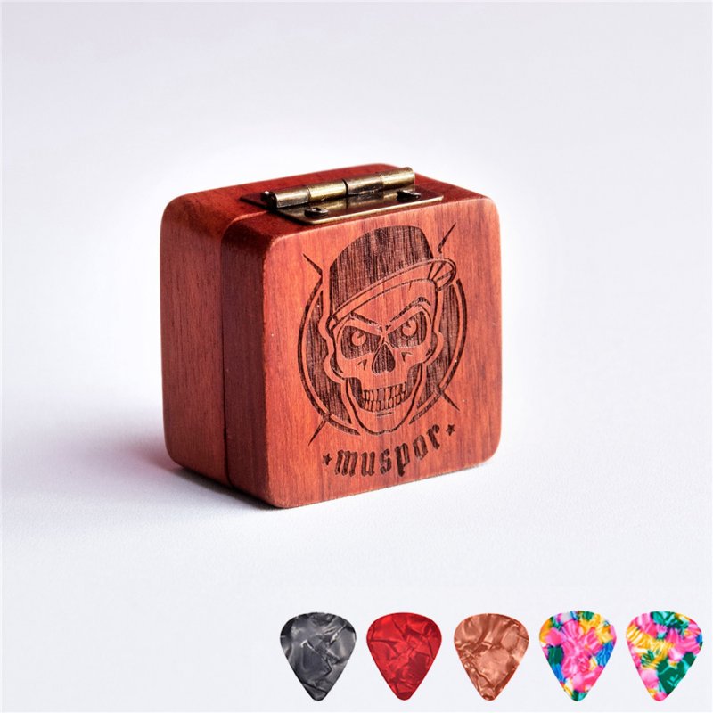 Wooden Pick Box Storage with 5pcs Guitar Picks for Electric Guitar Bass Ukulele  Skull