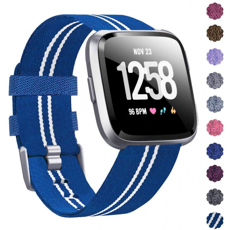 Woven Watch Band Compatible with Fitbit Versa/Fitbit Versa 2/Fitbit Versa Lite Edition Breathable Fabric Strap for Men Women Smartwatch blue stripes