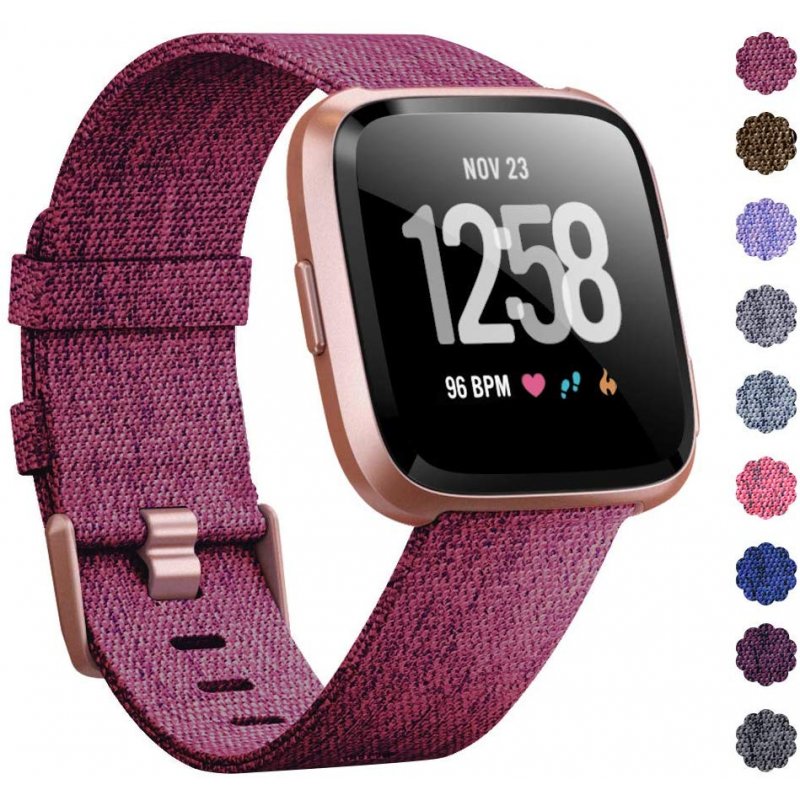 Woven Watch Band Compatible with Fitbit Versa/Fitbit Versa 2/Fitbit Versa Lite Edition Breathable Fabric Strap for Men Women Smartwatch rose red