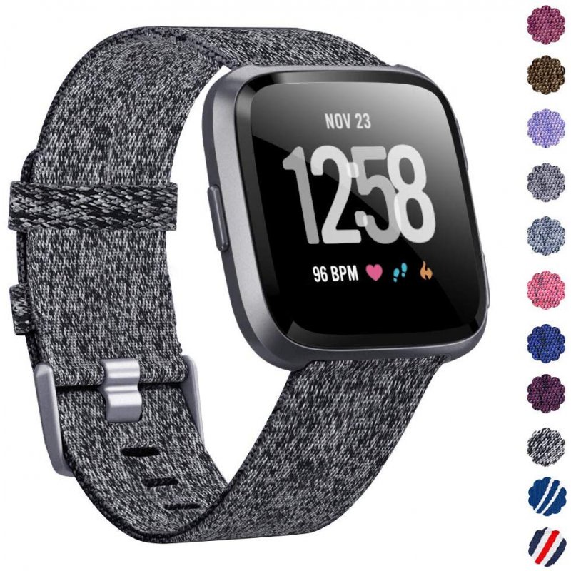 Woven Watch Band Compatible with Fitbit Versa/Fitbit Versa 2/Fitbit Versa Lite Edition Breathable Fabric Strap for Men Women Smartwatch Carbon black