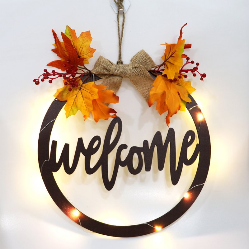 Wreath  Sign Wooden Autumn Harvest Festival Welcome Hello Door Hanging Front Porch Decorations(with Lights) Welcome