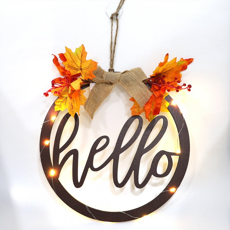 Wreath  Sign Wooden Autumn Harvest Festival Welcome Hello Door Hanging Front Porch Decorations(with Lights) Hello