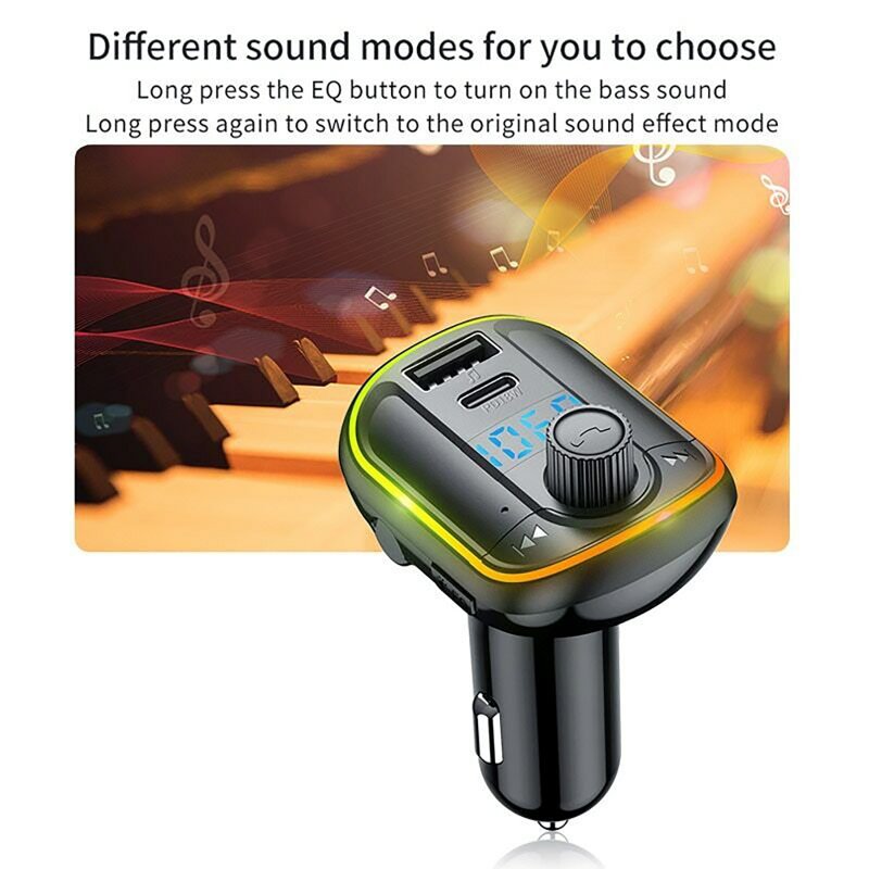 T829 Wireless FM Transmitter For Car Dual USB Port Type-C PD18W Fast Charger Colorful LED Backlit MP3 Music Player 