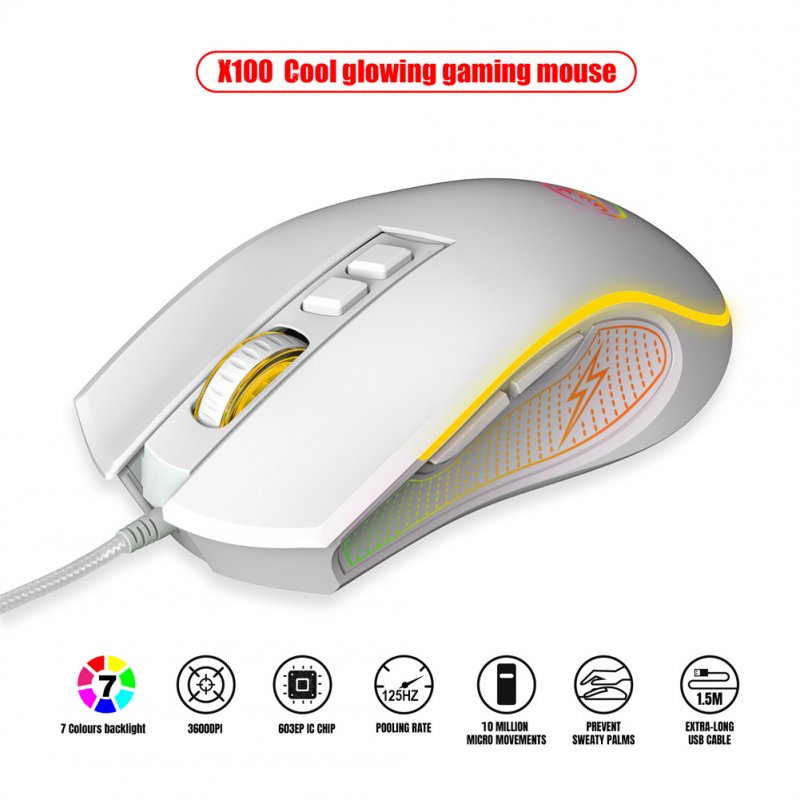 X100 Wired Optical Mouse Colorful Luminous 1200-1800-2400-3600dpi Adjustable E-sports Office Mouse